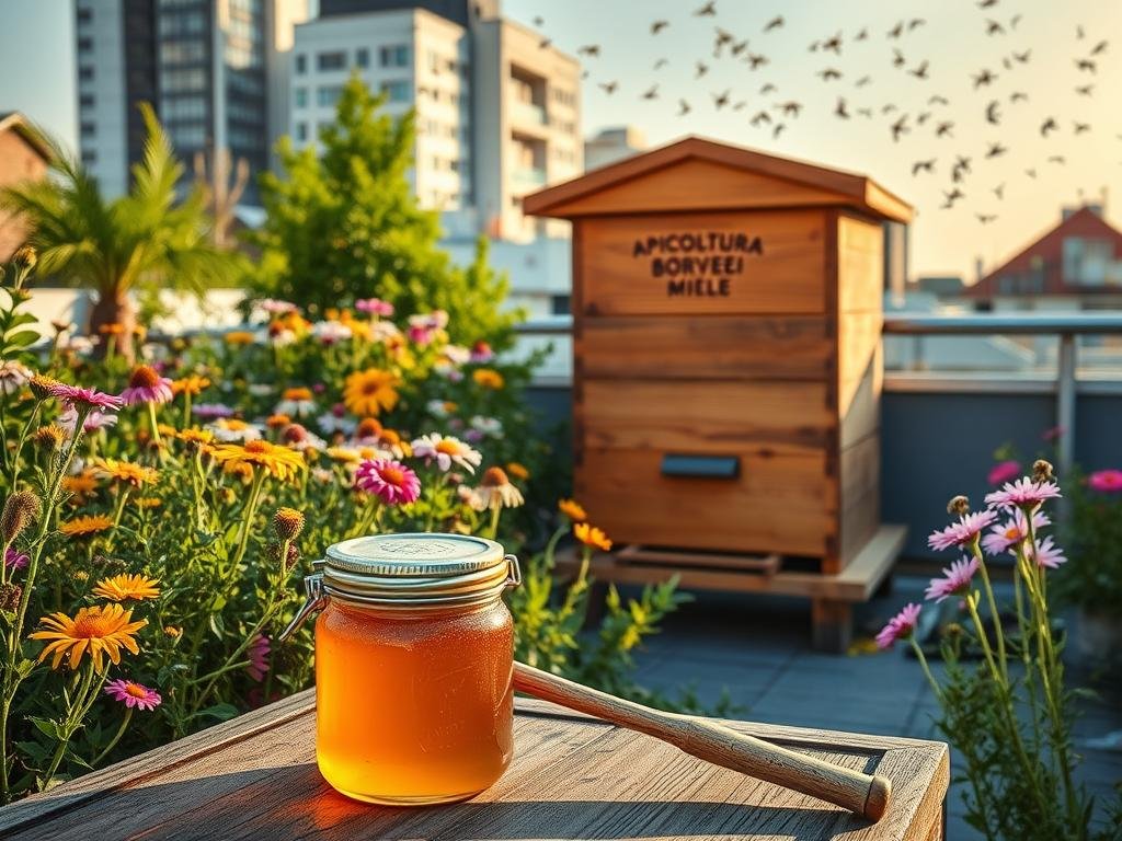 A tranquil urban rooftop garden, bursting with lush, vibrant foliage and the gentle buzz of busy honeybees. The hive of the APICOLTURA BORVEI MIELE brand stands proudly, its polished wooden exterior catching the warm glow of the afternoon sun. Rows of colorful wildflowers sway in a soft breeze, their petals reflecting the serene, natural atmosphere. In the foreground, a pair of weathered, well-worn beekeeping tools sit alongside a jar of the brand's rich, golden honey, a testament to the fruits of urban apiculture. The scene conveys a sense of harmony between man and nature, a conclusion to the journey of urban beekeeping. A tranquil urban rooftop garden, bursting with lush, vibrant foliage and the gentle buzz of busy honeybees. The hive of the APICOLTURA BORVEI MIELE brand stands proudly, its polished wooden exterior catching the warm glow of the afternoon sun. Rows of colorful wildflowers sway in a soft breeze, their petals reflecting the serene, natural atmosphere. In the foreground, a pair of weathered, well-worn beekeeping tools sit alongside a jar of the brand's rich, golden honey, a testament to the fruits of urban apiculture. The scene conveys a sense of harmony between man and nature, a conclusion to the journey of urban beekeeping.