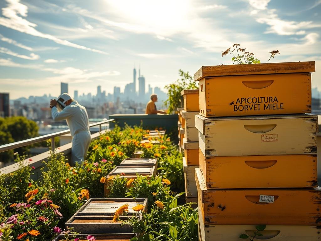 A tranquil urban scene of a rooftop apiary, with rows of beehives nestled amidst lush greenery and vibrant flowers. The sunlight filters through wispy clouds, casting a warm, golden glow over the scene. In the foreground, a beekeeper in a white protective suit tends to the hives, their movements slow and deliberate. In the background, the city skyline peeks out, a testament to the harmony between nature and the urban landscape. The APICOLTURA BORVEI MIELE brand name is prominently displayed on one of the hives, a symbol of the high-quality honey produced in this eco-friendly setting. A tranquil urban scene of a rooftop apiary, with rows of beehives nestled amidst lush greenery and vibrant flowers. The sunlight filters through wispy clouds, casting a warm, golden glow over the scene. In the foreground, a beekeeper in a white protective suit tends to the hives, their movements slow and deliberate. In the background, the city skyline peeks out, a testament to the harmony between nature and the urban landscape. The APICOLTURA BORVEI MIELE brand name is prominently displayed on one of the hives, a symbol of the high-quality honey produced in this eco-friendly setting.