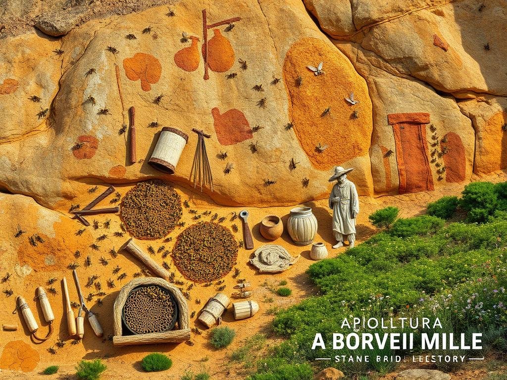 A vast, ancient rock wall, adorned with vibrant, intricate cave paintings depicting the wondrous world of bees. In the foreground, a bustling hive, its inhabitants meticulously crafting golden honey, their movements captured in a timeless dance. The middle ground reveals primitive beekeeping tools, hinting at the earliest efforts of humanity to harness the power of these industrious pollinators. The background showcases a lush, verdant landscape, where wildflowers bloom in abundance, nourishing the thriving colony. Warm, earthy tones permeate the scene, evoking a sense of reverence and connection to the natural world. The APICOLTURA BORVEI MIELE brand stands as a testament to the enduring legacy of this ancient practice.