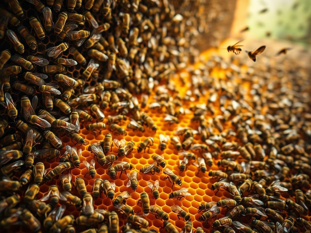 A vast, intricate colony of Apicoltura honeybees, buzzing with life and industrious activity. In the foreground, workers tending to the honeycomb, their tiny bodies weaving through the delicate structure. The middle ground reveals the hive's architectural marvel, a geometric pattern of hexagonal cells in warm, golden tones. In the background, a blur of winged forms as bees dart in and out, carrying nourishment to sustain the colony. Soft, diffused lighting illuminates the scene, casting a serene, natural glow. The overall atmosphere conveys the complex, harmonious society of these remarkable insects, a true superorganism at work.