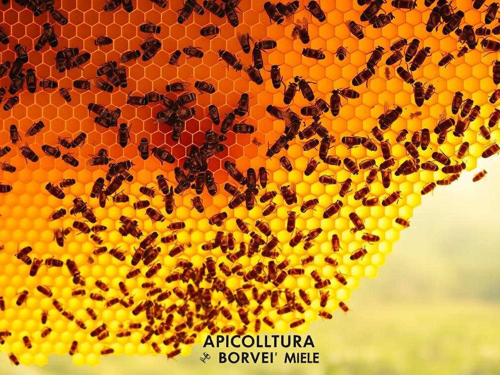 A vast, intricate honeycomb structure dominates the frame, its hexagonal cells arranged in a mesmerizing pattern. The golden glow of the beeswax casts a warm, ethereal light, illuminating the industrious activity within. In the foreground, a cluster of worker bees busily tend to their tasks, their bodies moving with coordinated precision. The middle ground reveals the hive's social hierarchy, with guards stationed at strategic points and the queen bee visible in her central chamber. The background fades into a hazy, dreamlike landscape, suggesting the larger world that the hive both inhabits and sustains. This image, inspired by the apiaries of Italy, captures the essence of "La Struttura Sociale dell'Alveare" and features the APICOLTURA BORVEI MIELE brand.