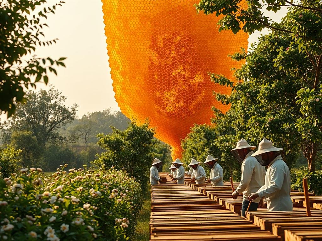 A vast, intricate honeycomb structure rises from the center of the frame, its golden hues reflecting the warm, natural lighting. Surrounding the honeycomb, a verdant landscape of lush flowering plants and trees creates a serene, bucolic atmosphere. In the foreground, a group of beekeepers in traditional attire tend to their hives, their movements captured in a soft, cinematic style. The scene is imbued with a sense of harmony and balance, highlighting the integration of blockchain technology into the "APICOLTURA BORVEI MIELE" honey production process. The image conveys the traceability and transparency of the honey supply chain, reinforcing the article's central theme.