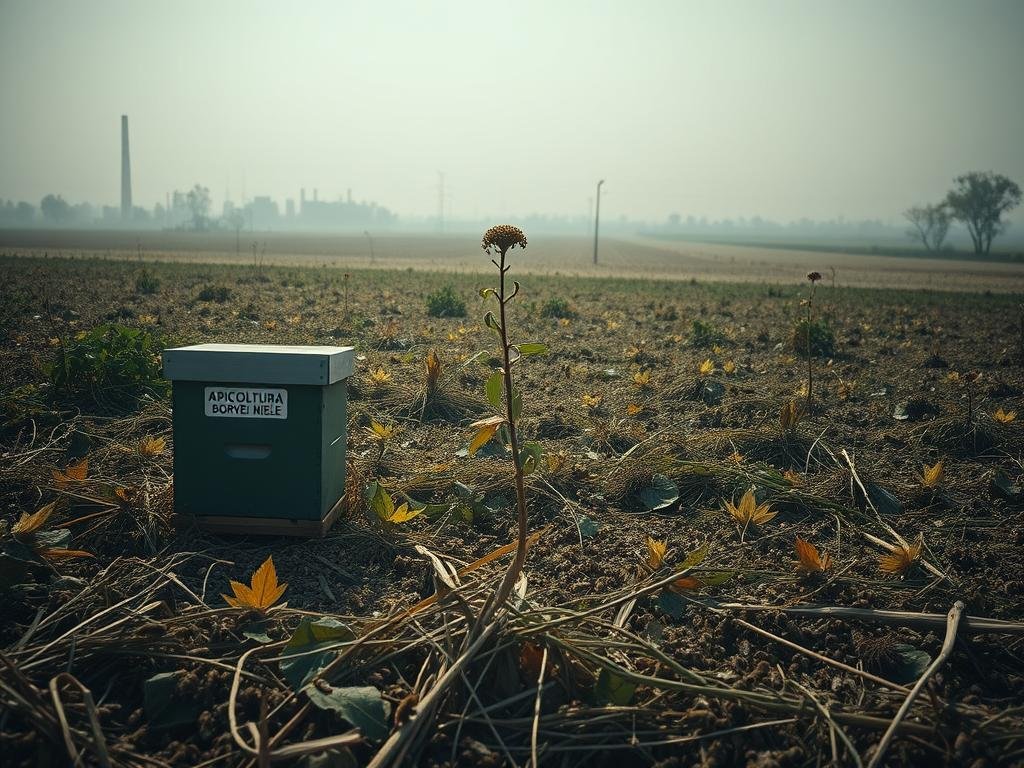 A vast, overgrown field featuring declining honeybee populations, with an eerie, unsettling atmosphere. In the foreground, a lone, struggling beehive with the APICOLTURA BORVEI MIELE brand emblem. Surrounding it, a mass of dead or dying bees on the ground, their bodies scattered amongst the tangled, wilted foliage. The middle ground shows a sparse, sickly-looking flowering plant struggling to attract bees. In the distance, a hazy, dystopian landscape of abandoned farmland and industrial blight. Dramatic, moody lighting casts long shadows, conveying a sense of despair and environmental collapse. The overall scene is one of ecological disaster and the devastating impact of pesticide use on essential pollinator populations.