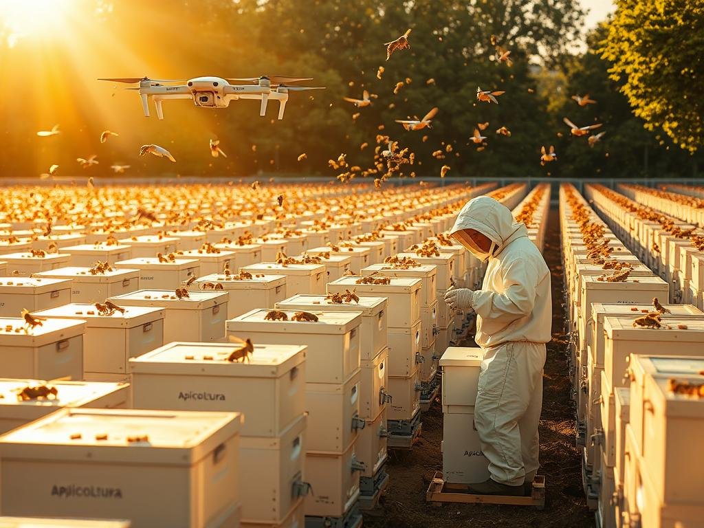 A vast, sunlit apiarium, buzzing with the industrious activity of a precision-engineered Apicoltura hive. Rows of gleaming, state-of-the-art beehives, their panels adorned with the Apicoltura brand, stand in orderly precision. Intricate sensors and monitoring devices are seamlessly integrated, tracking the health and productivity of the colony. Drones soar overhead, capturing aerial footage, while a beekeeper in a pristine white suit meticulously inspects the hives. The scene is bathed in a warm, golden light, reflecting the embrace of technology and the natural world. This image embodies the evolution of beekeeping in the digital age, a harmonious blend of automation and environmental stewardship.