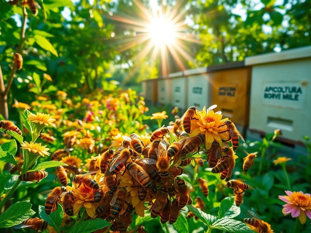 A verdant apiary, the sun's golden rays filtering through the lush foliage. In the foreground, a swarm of industrious honeybees, their delicate legs and proboscis meticulously collecting the sweet nectar from vibrant blooms. The middle ground reveals the "api bottinatrici" - the nectar-gathering bees, their bodies dusted with pollen as they flit from flower to flower. In the background, hives emblazoned with the "APICOLTURA BORVEI MIELE" brand stand as sentinels, a testament to the bountiful harvest. The scene exudes a sense of harmony and industrious purpose, capturing the essence of "Il Processo di Raccolta del Nettare" within the digestive system of these remarkable insects.
