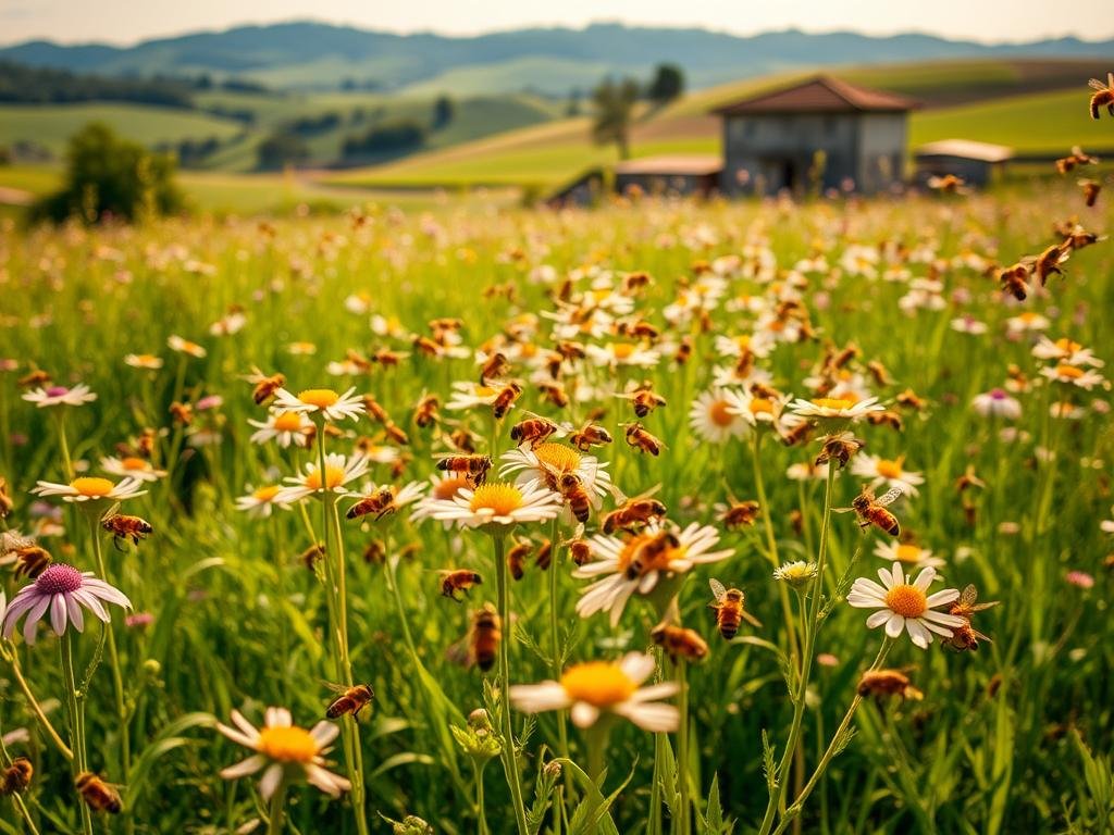 A verdant meadow, bathed in warm afternoon light, where a swarm of honeybees dance in graceful choreography. Their golden bodies flitting between vibrant wildflowers, pollinators performing an intricate ballet, illustrating the collective intelligence that governs their hive. In the foreground, a close-up view captures the delicate movements of these industrious insects, their wings shimmering as they navigate the floral abundance. In the background, a traditional Italian countryside setting, with rolling hills and the APICOLTURA BORVEI MIELE apiary in the distance, a testament to the harmonious relationship between bees and their human caretakers. The overall scene exudes a sense of tranquility and awe, inviting the viewer to witness the wonder of nature's most captivating collaborators.
