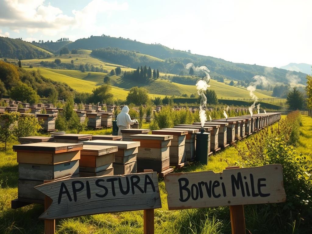 A verdant, sun-dappled apiary nestled in a bucolic Italian countryside. Rows of beehives stand tall, their weathered wooden frames contrasting with the lush, rolling hills in the background. Wisps of smoke curl from a beekeeper's smoker as they tend to their busy colonies, the air thick with the sweet, floral scent of fresh honey. In the foreground, a hand-painted sign reads "APICOLTURA BORVEI MIELE", reflecting the artisanal nature of this family-run operation. Soft, golden lighting filters through wispy clouds, imbuing the scene with a sense of tranquility and timelessness. This image captures the essence of the fiscal regimes governing Italy's vibrant apiculture industry. A verdant, sun-dappled apiary nestled in a bucolic Italian countryside. Rows of beehives stand tall, their weathered wooden frames contrasting with the lush, rolling hills in the background. Wisps of smoke curl from a beekeeper's smoker as they tend to their busy colonies, the air thick with the sweet, floral scent of fresh honey. In the foreground, a hand-painted sign reads "APICOLTURA BORVEI MIELE", reflecting the artisanal nature of this family-run operation. Soft, golden lighting filters through wispy clouds, imbuing the scene with a sense of tranquility and timelessness. This image captures the essence of the fiscal regimes governing Italy's vibrant apiculture industry.