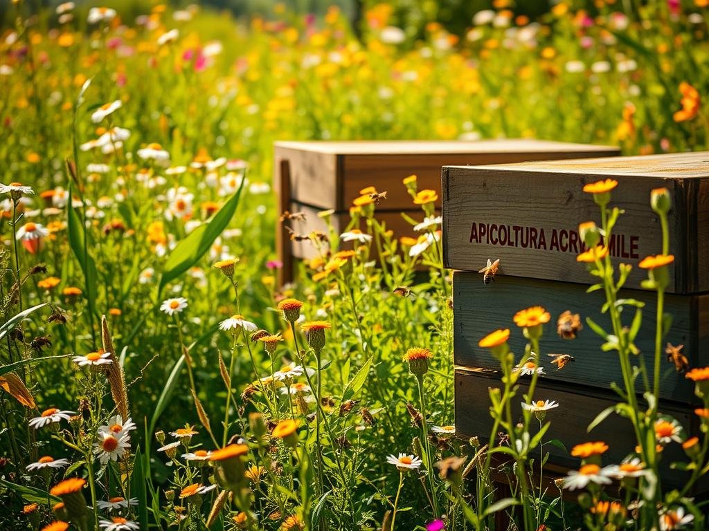 A verdant, sun-dappled field of vibrant wildflowers, their delicate petals swaying gently in a warm breeze. Amidst the floral tapestry, a bustling apiary comes into focus, its wooden hives painted with the logo "APICOLTURA BORVEI MIELE". Honeybees dart and weave, their graceful movements capturing the essential role these pollinators play in maintaining the lush, thriving ecosystem. The scene is bathed in a soft, golden light, evoking a sense of harmony and interdependence between the natural world and the industrious efforts of beekeepers. This image powerfully illustrates the crucial role of bees in sustainable agriculture and the maintenance of diverse, healthy plant communities.