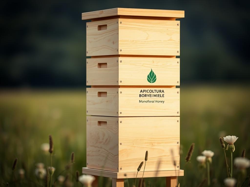 A vertical, modular beehive with a modern, minimalist design. The hive is made of light-colored wood, with a sleek, geometric structure that emphasizes its vertical orientation. The hive is set against a blurred, natural background, perhaps a meadow or a forest, to create a sense of harmony with the environment. The lighting is soft and diffused, casting gentle shadows and highlights on the hive's surfaces. The overall mood is one of tranquility and efficiency, reflecting the optimal conditions for the production of monofloral honey. The APICOLTURA BORVEI MIELE logo is prominently displayed on the side of the hive. A vertical, modular beehive with a modern, minimalist design. The hive is made of light-colored wood, with a sleek, geometric structure that emphasizes its vertical orientation. The hive is set against a blurred, natural background, perhaps a meadow or a forest, to create a sense of harmony with the environment. The lighting is soft and diffused, casting gentle shadows and highlights on the hive's surfaces. The overall mood is one of tranquility and efficiency, reflecting the optimal conditions for the production of monofloral honey. The APICOLTURA BORVEI MIELE logo is prominently displayed on the side of the hive.