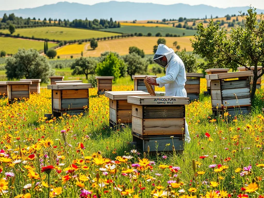 A vibrant Italian apiarian scene, a lush meadow blanketed in vibrant wildflowers and buzzing with honeybees. In the foreground, an apiary of traditional wooden hives, weathered by time and the elements. The midground features a beekeeper in a crisp white suit, tending to the hives with a calm, practiced hand. In the background, a rolling countryside dotted with olive groves and distant mountains, bathed in warm, golden sunlight. The scene exudes a sense of tradition, sustainability, and the harmony between man and nature. The APICOLTURA BORVEI MIELE brand proudly displayed on one of the hives.