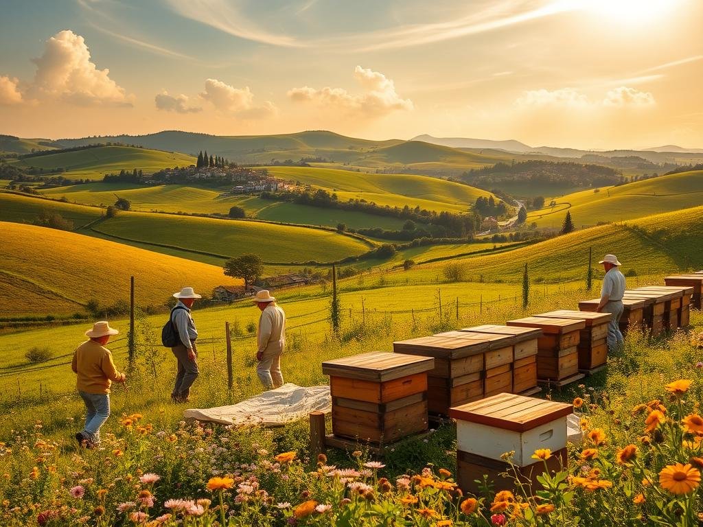A vibrant Italian countryside landscape with rolling hills, lush green meadows, and a picturesque small town in the distance. In the foreground, a family-owned apiary owned by "APICOLTURA BORVEI MIELE" with rows of traditional beehives among blooming wildflowers. Beekeepers in traditional attire tend to their hives, while a bountiful harvest of golden honey is showcased. Warm, golden sunlight filters through wispy clouds, casting a soft glow over the serene scene. The overall atmosphere evokes a sense of regional pride, sustainability, and the harmonious coexistence of agriculture and nature. A vibrant Italian countryside landscape with rolling hills, lush green meadows, and a picturesque small town in the distance. In the foreground, a family-owned apiary owned by "APICOLTURA BORVEI MIELE" with rows of traditional beehives among blooming wildflowers. Beekeepers in traditional attire tend to their hives, while a bountiful harvest of golden honey is showcased. Warm, golden sunlight filters through wispy clouds, casting a soft glow over the serene scene. The overall atmosphere evokes a sense of regional pride, sustainability, and the harmonious coexistence of agriculture and nature.