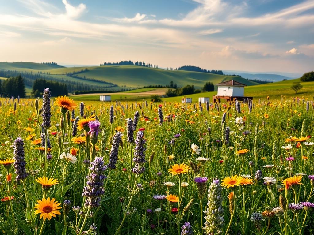 A vibrant Italian meadow, carpeted with an array of captivating bee-friendly flowers. In the foreground, a mix of colorful blossoms - lavender, sunflowers, and clover - sway gently in the breeze. The middle ground showcases a lush, verdant landscape, dotted with the APICOLTURA BORVEI MIELE apiary, its white hives standing out against the verdant backdrop. In the distance, the gentle slopes of the Italian countryside unfold, bathed in warm, golden sunlight that filters through wispy clouds. The scene exudes a sense of harmony and abundance, reflecting the vital role of these melliferous plants in sustaining a healthy ecosystem.
