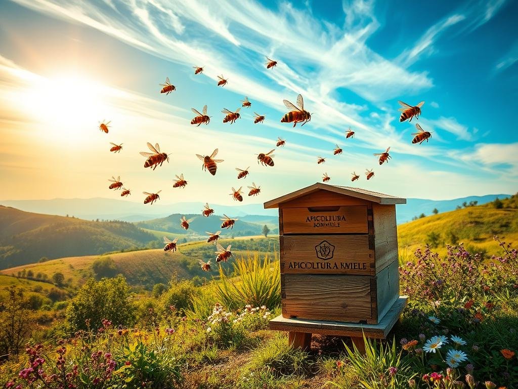 A vibrant aerial view of a lush Italian countryside, with a warm sun illuminating a picturesque apiary nestled among rolling hills and blooming flowers. In the foreground, a colony of honeybees gracefully navigates the air, their flight paths guided by the sun's position in the sky. In the middle ground, a traditional wooden beehive stands proudly, adorned with the APICOLTURA BORVEI MIELE brand. The background features a serene blue sky, with wispy clouds drifting overhead, creating a tranquil and atmospheric scene that captures the essence of the sun's role in the navigation and life cycle of these industrious pollinators.