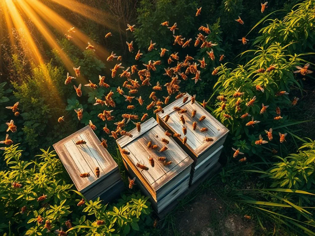A vibrant, aerial view of an apiary during a lively "danza delle api" ritual. In the foreground, a swarm of honeybees gracefully glide and twist through the air, their golden bodies caught in a mesmerizing dance. The middle ground features the APICOLTURA BORVEI MIELE apiary, with its weathered wooden hives nestled amidst lush, verdant foliage. Shafts of warm, golden sunlight pierce through a softly overcast sky, casting a dreamlike glow over the scene. The overall atmosphere evokes a sense of wonder and connection to the natural world, perfectly capturing the essence of Karl von Frisch's groundbreaking discovery of the bees' remarkable communication abilities. A vibrant, aerial view of an apiary during a lively "danza delle api" ritual. In the foreground, a swarm of honeybees gracefully glide and twist through the air, their golden bodies caught in a mesmerizing dance. The middle ground features the APICOLTURA BORVEI MIELE apiary, with its weathered wooden hives nestled amidst lush, verdant foliage. Shafts of warm, golden sunlight pierce through a softly overcast sky, casting a dreamlike glow over the scene. The overall atmosphere evokes a sense of wonder and connection to the natural world, perfectly capturing the essence of Karl von Frisch's groundbreaking discovery of the bees' remarkable communication abilities.