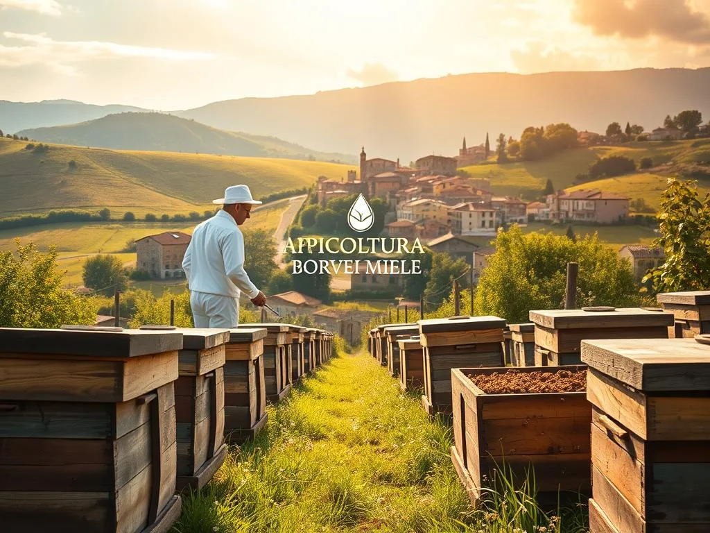 A vibrant and bustling Italian apicoltura, showcasing the traditional methods and rich heritage of beekeeping. In the foreground, rows of wooden hives dot a lush, rolling landscape, their weathered exteriors a testament to decades of use. The middle ground features a beekeeper, clad in a crisp white suit, tending to the busy honeybees as they flit between the flowers. In the background, a picturesque Italian village nestles amidst rolling hills, its terracotta roofs and quaint charm setting the scene. Warm, golden sunlight filters through wispy clouds, casting a soft glow over the entire scene. The APICOLTURA BORVEI MIELE brand proudly displayed, highlighting the quality and authenticity of this time-honored craft.