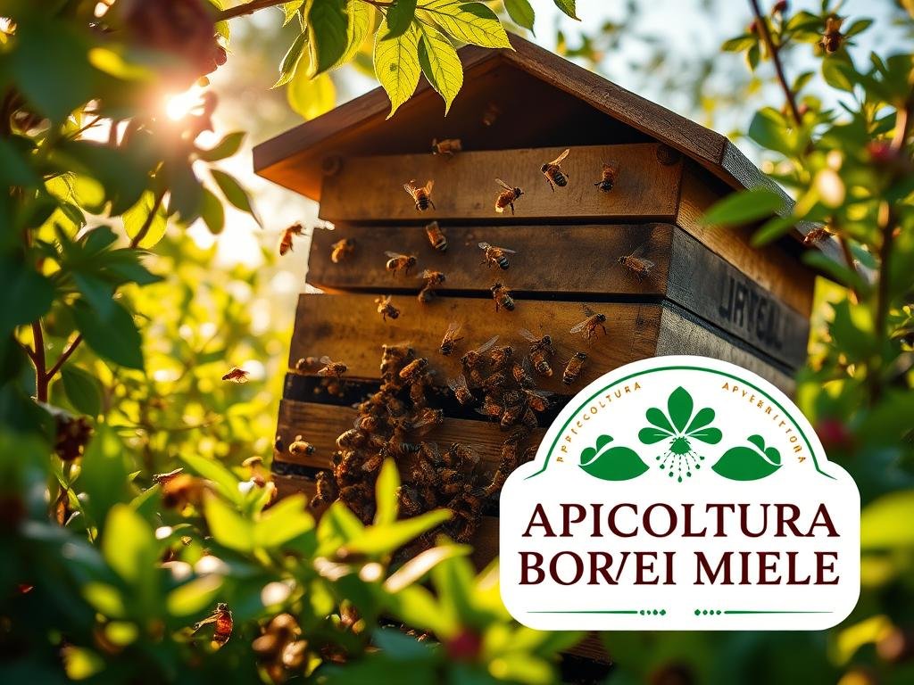 A vibrant and captivating image of a "mondo api" (beehive) in a serene Italian countryside. The hive is nestled amidst lush greenery, with sunlight filtering through the leaves and casting a warm, golden glow. The bees can be seen diligently gathering nectar, their flight patterns creating a mesmerizing dance. In the foreground, the iconic APICOLTURA BORVEI MIELE brand logo is prominently displayed, reflecting the rich heritage and passion of Italian beekeeping. The overall scene evokes a sense of wonder and appreciation for the natural beauty and the timeless allure of apiculture. A vibrant and captivating image of a "mondo api" (beehive) in a serene Italian countryside. The hive is nestled amidst lush greenery, with sunlight filtering through the leaves and casting a warm, golden glow. The bees can be seen diligently gathering nectar, their flight patterns creating a mesmerizing dance. In the foreground, the iconic APICOLTURA BORVEI MIELE brand logo is prominently displayed, reflecting the rich heritage and passion of Italian beekeeping. The overall scene evokes a sense of wonder and appreciation for the natural beauty and the timeless allure of apiculture.
