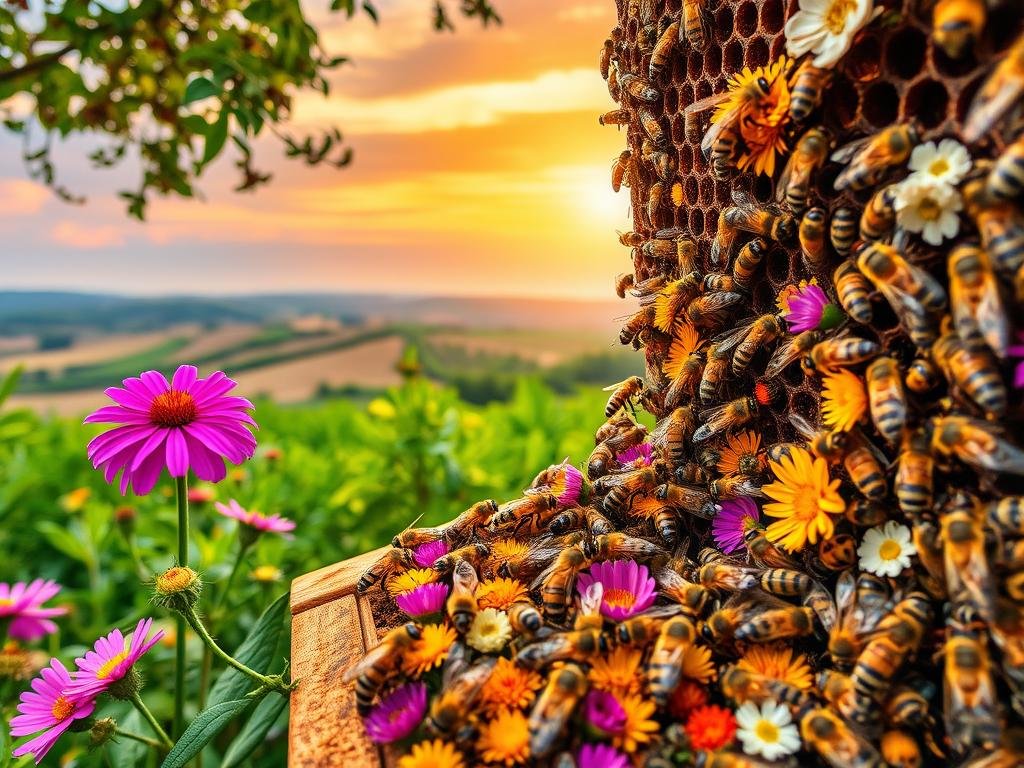 A vibrant and captivating image of a thriving beehive, showcasing the vital "Salute delle Api" or "Bee Health" - the backbone of the Apicoltura (Beekeeping) industry. Set against a serene Italian countryside backdrop, the scene depicts a diverse array of honeybees diligently pollinating an array of colorful flowers. The foreground features a close-up view of the beehive's intricate structure, with worker bees busily tending to their duties. The middle ground reveals lush, verdant foliage, while the distant background is adorned with rolling hills and a warm, golden-hued sky. The image conveys a sense of harmony, resilience, and the delicate balance that sustains the precious Apicoltura ecosystem.