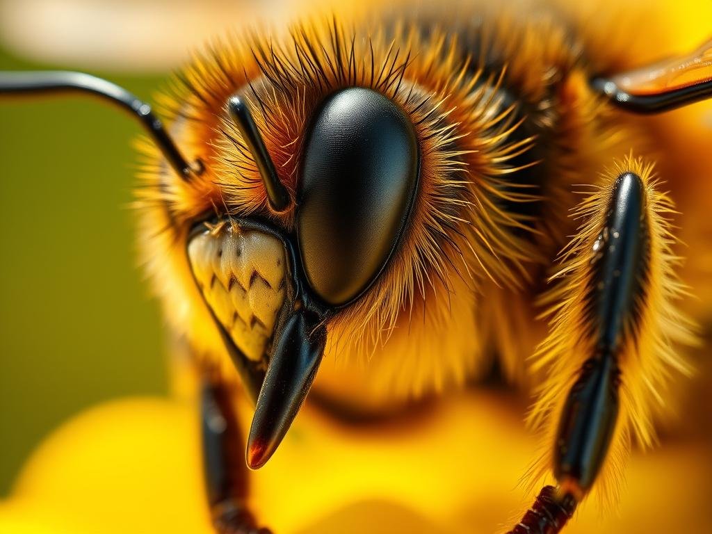 A vibrant and detailed close-up of a honeybee, its compound eyes glistening, antennae twitching as it senses the delicate aromas of the Apicoltura flowers blooming all around. The bee's abdomen is highlighted, revealing the intricate patterns of its scent glands, the source of the alluring pheromones that allow these social insects to communicate with such precision. The image is crisp and sharp, with a shallow depth of field that draws the viewer's eye to the bee's expressive features. Warm, golden lighting bathes the scene, evoking the sun-dappled Italian countryside where these remarkable insects thrive. A vibrant and detailed close-up of a honeybee, its compound eyes glistening, antennae twitching as it senses the delicate aromas of the Apicoltura flowers blooming all around. The bee's abdomen is highlighted, revealing the intricate patterns of its scent glands, the source of the alluring pheromones that allow these social insects to communicate with such precision. The image is crisp and sharp, with a shallow depth of field that draws the viewer's eye to the bee's expressive features. Warm, golden lighting bathes the scene, evoking the sun-dappled Italian countryside where these remarkable insects thrive.