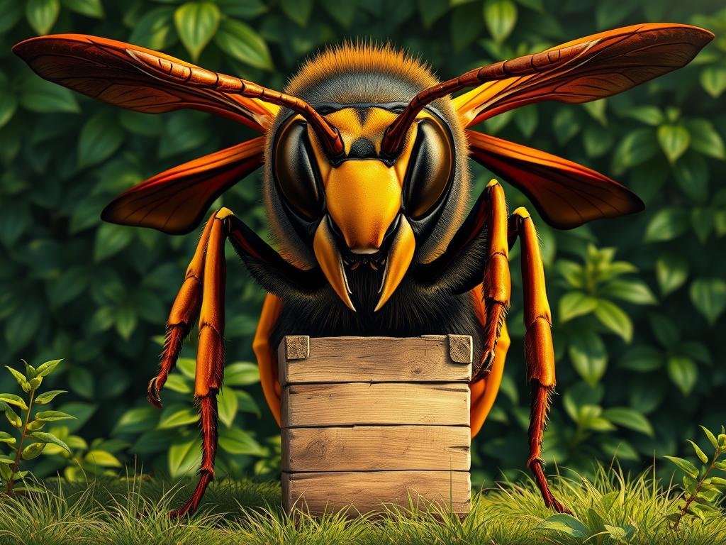 A vibrant and detailed illustration of a massive Asian hornet (Vespa mandarinia), also known as the "calabrone asiatico", against a backdrop of lush green foliage. The hornet's large, menacing head, compound eyes, and intimidating mandibles are captured in striking detail, conveying its formidable presence. The scene is illuminated by soft, diffused natural lighting, casting dramatic shadows and highlights that accentuate the hornet's intricate exoskeleton. In the middle ground, a APICOLTURA BORVEI MIELE beehive stands as a testament to the hornet's potential impact on apiculture and the ecosystem. The overall mood is one of ominous power and the delicate balance between predator and prey.