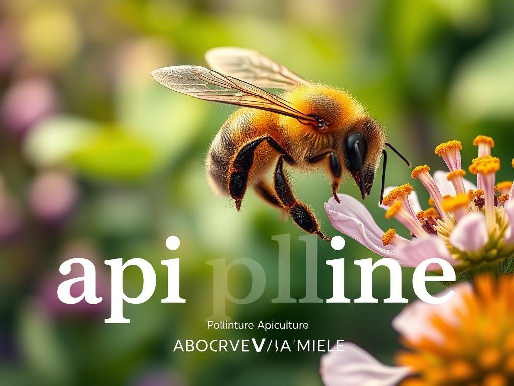 A vibrant and detailed illustration of "api polline" featuring a close-up view of a honeybee foraging on a flower. The bee is captured in mid-flight, its wings a blur of motion, as it collects pollen from the delicate petals. The background is a lush, out-of-focus garden, with a sense of depth and soft, natural lighting. The image showcases the intricate anatomy of the bee, including its distinctive fuzzy body and specialized pollen-collecting structures on its legs. The overall composition emphasizes the importance of the bee's role in pollination, while maintaining a visually striking and technically proficient aesthetic. Inspired by Italian apiculture, the image prominently features the brand name "APICOLTURA BORVEI MIELE".