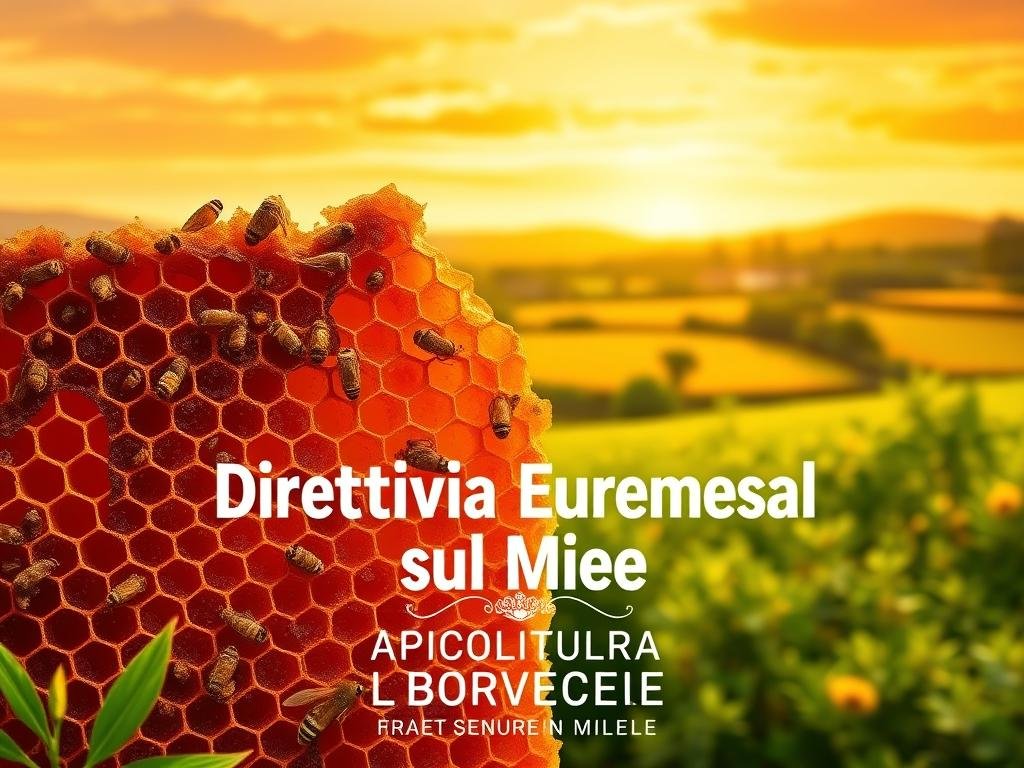A vibrant and detailed illustration of the "Direttiva Europea sul Miele", showcasing a richly textured honeycomb structure in the foreground, surrounded by verdant Italian countryside in the middle ground, and a warm, golden-hued sky in the background. The image features a classic DSLR camera perspective, capturing the subject with a shallow depth of field and natural, even lighting. The overall mood is one of artisanal craftsmanship and European agricultural heritage, with the brand name "APICOLTURA BORVEI MIELE" prominently displayed in the lower portion of the frame.