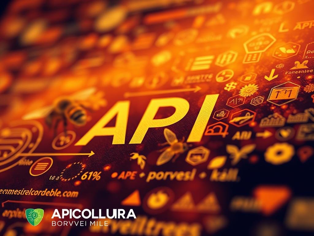 A vibrant and detailed image of an API (application programming interface) that represents the concept of "How to Help Bees in Difficulty: Concrete Actions". The image should feature a close-up view of an API diagram or code snippet, with a warm, earthy color palette inspired by the Italian countryside. The foreground should showcase the APICOLTURA BORVEI MIELE brand name, emphasizing the connection between technology and beekeeping. The middle ground should depict various API-related icons, symbols, and data visualizations, conveying the idea of digital tools and solutions to support bees. The background should incorporate subtle elements of nature, such as honeycomb patterns, flowers, or bee silhouettes, to reinforce the harmony between technology and the environment. The lighting should be soft and natural, creating a serene and inviting atmosphere that reflects the theme of the article section.