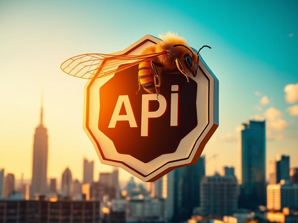A vibrant and detailed image of an API, inspired by the concept of urban beekeeping in Italy. Set against a backdrop of city skylines, the API logo takes center stage, rendered in a sleek and professional style that evokes the brand "Apicoltura". The API's intricate details are illuminated by warm, natural lighting, casting subtle shadows and highlighting its essential components. The overall composition conveys a sense of technological innovation and the vital role of bees in urban environments, reflecting the challenges faced by these pollinators in the modern world.