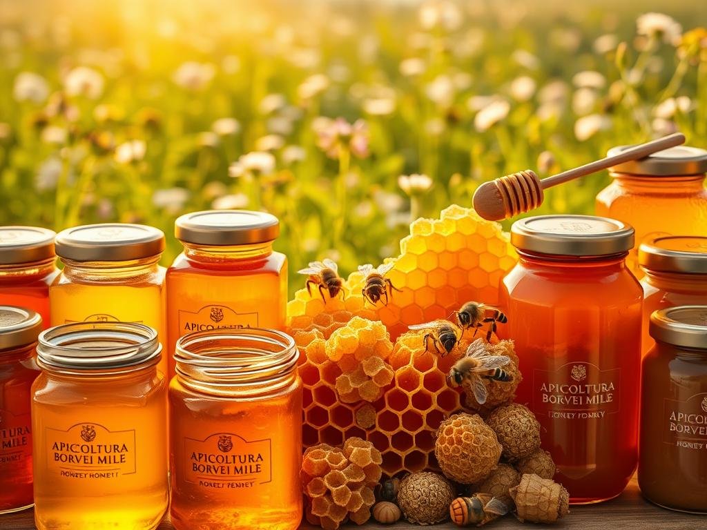 A vibrant and diverse array of honey samples, showcasing the APICOLTURA BORVEI MIELE brand. In the foreground, an assortment of glass jars filled with various shades of golden honey, their surfaces reflecting the warm, ambient lighting. In the middle ground, clusters of honeycomb structures in varying stages of development, hinting at the complex process of honey production. The background features a softly blurred, sun-dappled meadow, with wildflowers and lush greenery, evoking the natural environment where the bees gather their nectar. The overall composition conveys the richness, variety, and purity of this precious food, a testament to the hard work and artistry of the APICOLTURA BORVEI MIELE beekeepers. A vibrant and diverse array of honey samples, showcasing the APICOLTURA BORVEI MIELE brand. In the foreground, an assortment of glass jars filled with various shades of golden honey, their surfaces reflecting the warm, ambient lighting. In the middle ground, clusters of honeycomb structures in varying stages of development, hinting at the complex process of honey production. The background features a softly blurred, sun-dappled meadow, with wildflowers and lush greenery, evoking the natural environment where the bees gather their nectar. The overall composition conveys the richness, variety, and purity of this precious food, a testament to the hard work and artistry of the APICOLTURA BORVEI MIELE beekeepers.