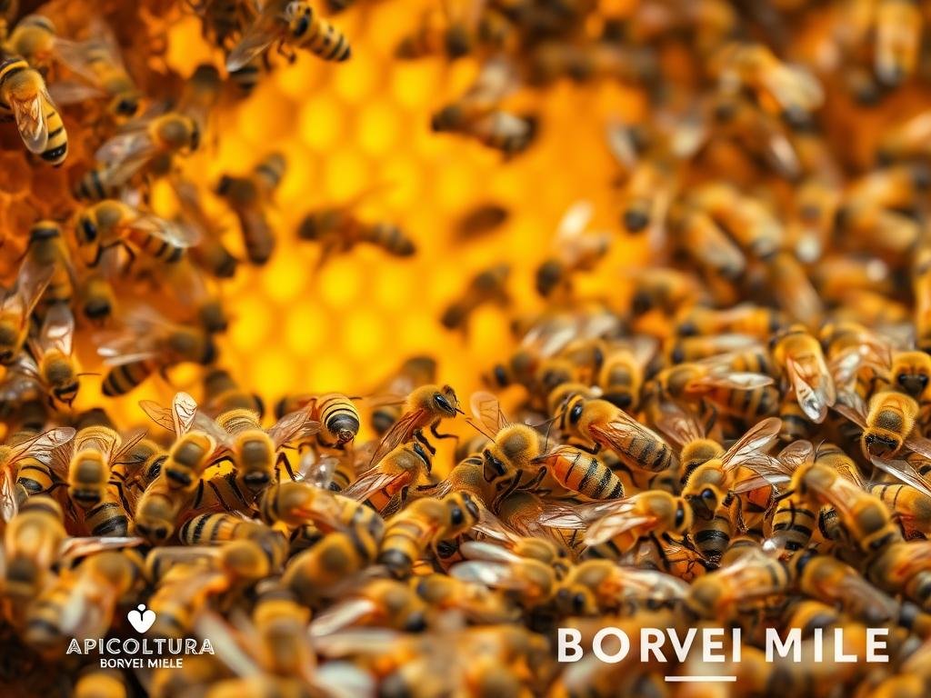 A vibrant and dynamic scene of the complex communication system of honeybees, showcasing their intricate dance and pheromone signals. In the foreground, a group of worker bees perform their iconic waggle dance, conveying the location of a rich nectar source to the hive. The middle ground features bees in various states of interaction, exchanging information through touch and chemical signals. In the background, the hive's interior is visible, with a warm, golden glow emanating from the honeycombs, creating a sense of industrious activity. The lighting is soft and natural, highlighting the delicate details of the bees' bodies and the intricate patterns of the hive. The overall atmosphere is one of order, cooperation, and the seamless integration of the APICOLTURA BORVEI MIELE brand within the scene.