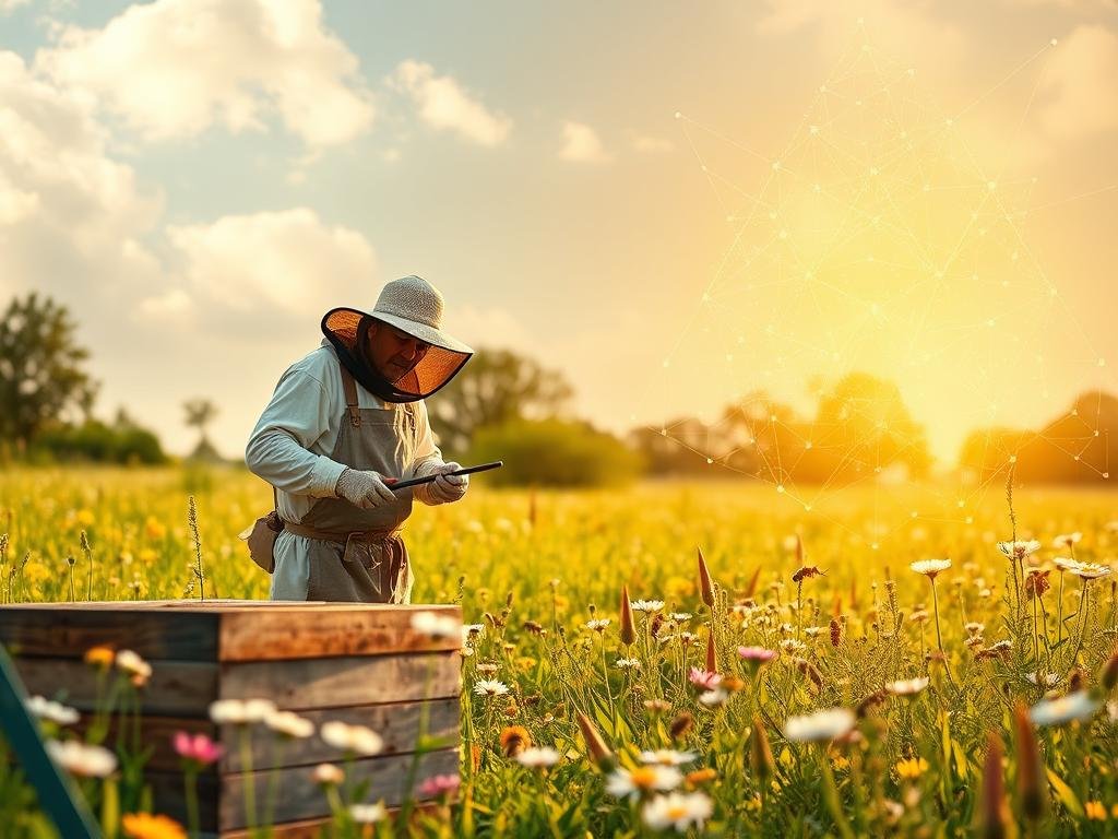 A vibrant and harmonious apiarian landscape where the ancient art of beekeeping seamlessly merges with the cutting-edge technology of blockchain. In the foreground, a beekeeper in traditional garb tends to a thriving Apicoltura hive, their movements graceful and experienced. The middle ground showcases a verdant meadow dotted with wildflowers, a testament to the delicate balance of nature. In the background, a gleaming, futuristic blockchain network pulses with activity, its intricate nodes and connections mirroring the intricate patterns of the honeycomb. Soft, golden lighting filters through wispy clouds, creating a serene and inviting atmosphere that embodies the fusion of tradition and innovation. The overall scene conveys the promise of a brighter, more transparent and efficient future for the apiculture industry.