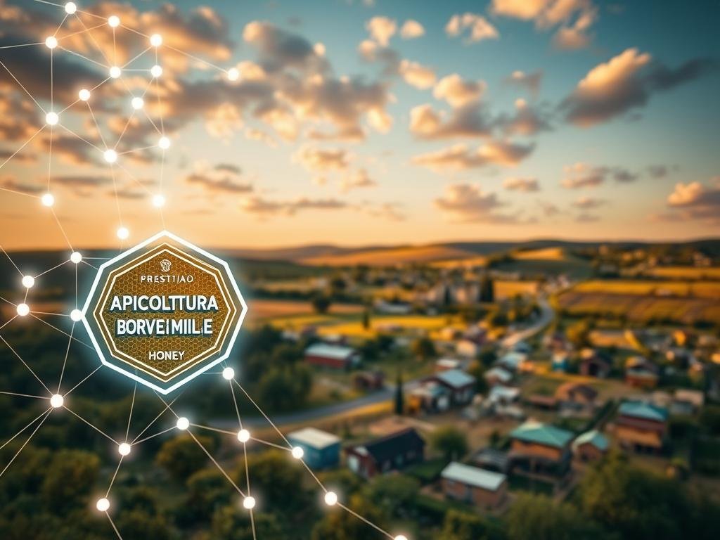 A vibrant and interconnected blockchain network, its digital nodes pulsing with data and transactions. In the foreground, a honeycomb structure representing the APICOLTURA BORVEI MIELE brand, symbolizing the traceability and transparency of the honey supply chain. The middle ground showcases a bustling Italian countryside, where apiaries and apiarian workshops are seamlessly integrated into the blockchain ecosystem. In the background, a serene, cloud-dotted sky casts a warm, golden glow, reflecting the promise of a more equitable and sustainable future for Italian beekeepers. The scene is captured through a wide-angle lens, emphasizing the scale and scope of the blockchain's transformative potential.