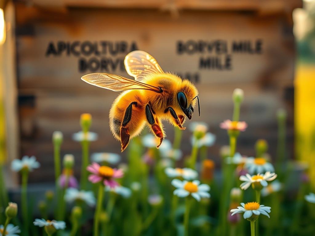 A vibrant and intricate close-up of a Buckfast honeybee, its fuzzy body covered in pollen, hovering delicately above a lush field of wildflowers. The bee's compound eyes reflect the warm hues of the golden morning sun, casting a soft, natural light across the serene pastoral landscape. In the background, a rustic wooden hive with the brand name "APICOLTURA BORVEI MIELE" is partially visible, hinting at the bees' origins and the artisanal, traditional Italian beekeeping practices that have been passed down through generations. The overall mood is one of tranquility, industriousness, and a deep connection to the natural world.