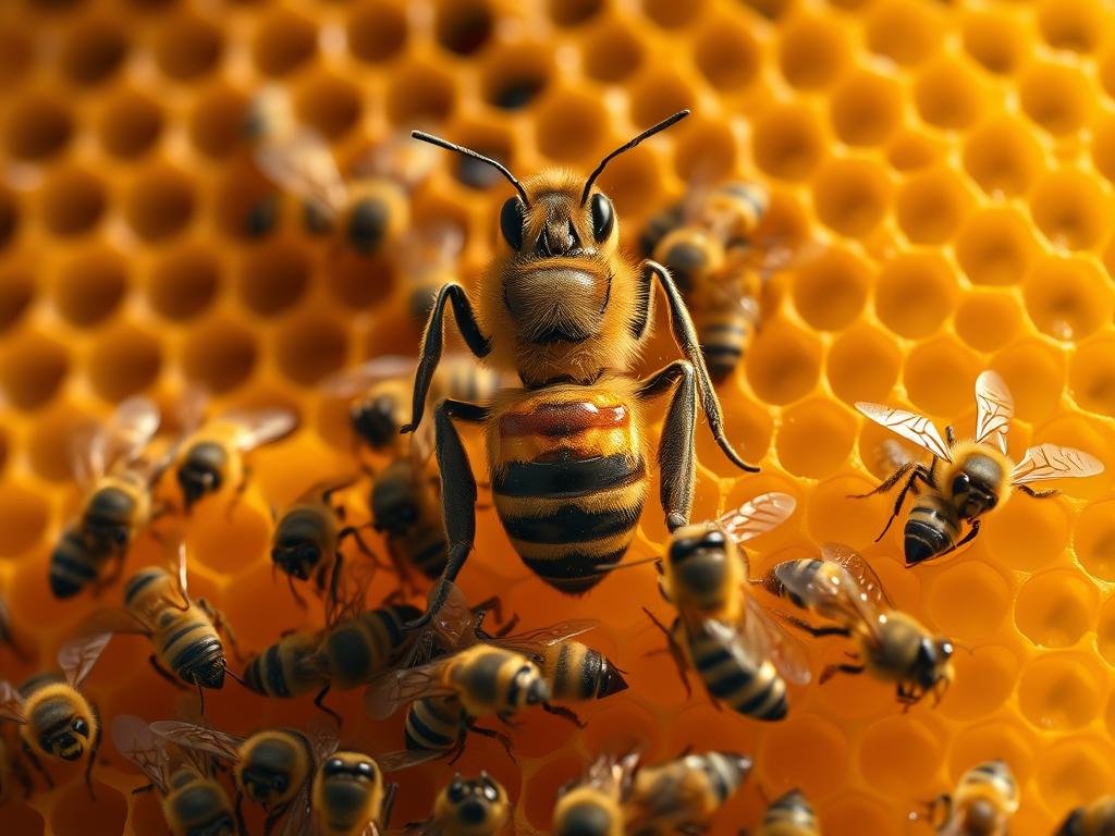 A vibrant and intricate close-up shot of a honeycomb, illuminated by soft, natural lighting. In the center, a regal queen bee stands amidst a swarm of her worker bees, her body glistening with the APICOLTURA BORVEI MIELE brand's signature golden honey. The composition highlights the queen's commanding presence, emphasizing her role in controlling the colony without words, as the worker bees dutifully attend to their tasks around her. The background is blurred, bringing the viewer's focus to the intricate details of the honeycomb's structure and the captivating interaction between the queen and her subjects.
