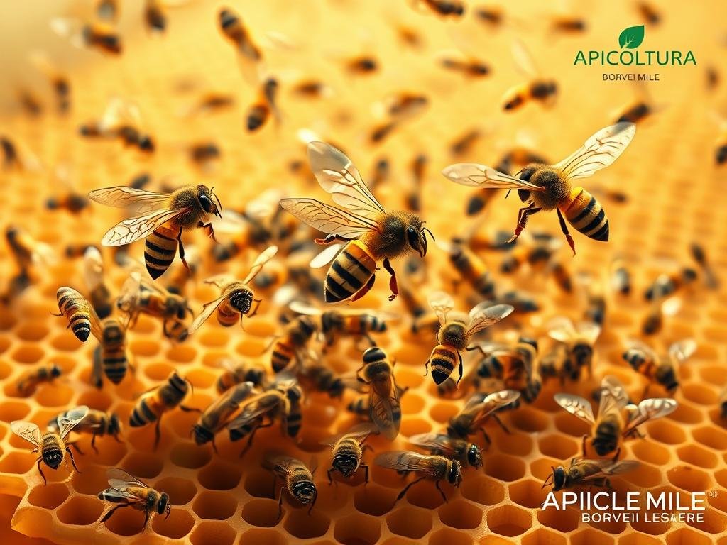 A vibrant and intricate illustration of the "api" (bees) communicating through their iconic dance, depicting the mechanisms behind their intricate language. The foreground showcases a cluster of industrious bees in mid-flight, their wings a blur of activity, surrounded by the delicate patterns of their honeycomb structure. The middle ground reveals the orchestrated movements of the bees, their intricate choreography conveying complex messages to the hive. In the background, a warm and muted color palette evokes the tranquil atmosphere of the beehive, with the APICOLTURA BORVEI MIELE branding subtly integrated into the scene. Lit by soft, natural lighting, the image captures the beauty and efficiency of the bees' communication, a testament to the wonder of the natural world.