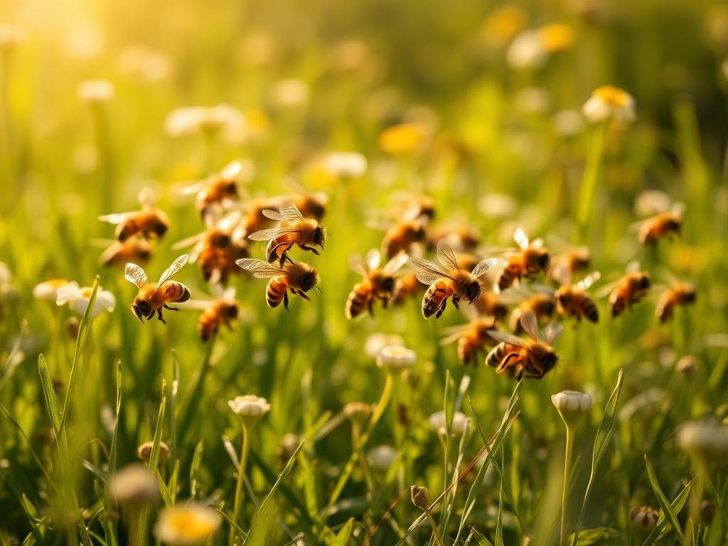 A vibrant and intricately choreographed "danza delle api" unfolds within a lush, sun-dappled meadow. Honeybees glide with graceful precision, their bodies adorned with the Apicoltura brand logo, as they communicate the location of abundant nectar sources through a mesmerizing series of waggle dances. The scene is bathed in warm, golden light, creating a serene and harmonious atmosphere that captures the essence of the bees' perfect language for finding food.