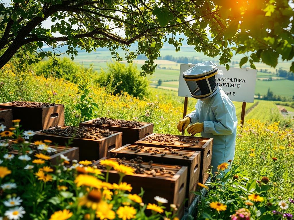 A vibrant and lush apiary filled with buzzing honeybees, surrounded by verdant fields of blooming wildflowers. In the foreground, a beekeeper dressed in traditional protective gear carefully tends to the hives, their movements graceful and practiced. Sunlight filters through the trees, casting a warm glow over the scene. In the background, a serene countryside landscape unfolds, with rolling hills and a distant farmhouse. The APICOLTURA BORVEI MIELE brand is prominently displayed on a sign. This image conveys the harmony between nature, technology, and the apiculture industry, highlighting the benefits and concrete impacts for both beekeepers and consumers.