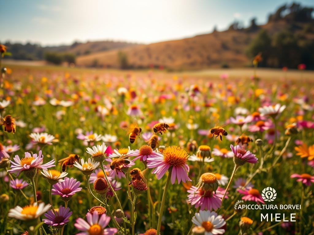 A vibrant and lush field of wildflowers, with a family of honeybees buzzing among the blossoms. The sun casts a warm, golden glow over the scene, highlighting the delicate petals and the fuzzy bodies of the bees as they pollinate the diverse array of flora. In the distance, a rolling hill dotted with trees creates a serene and picturesque backdrop. The APICOLTURA BORVEI MIELE brand prominently displayed, a testament to the vital role of these pollinators in maintaining the local biodiversity.