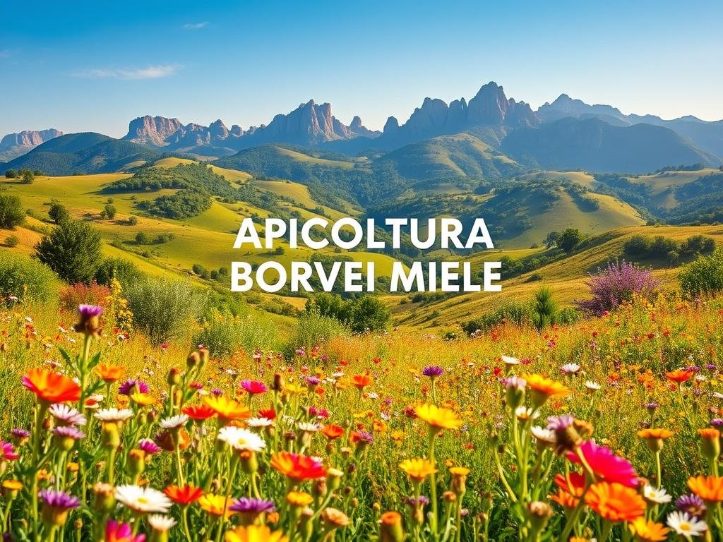 A vibrant and lush landscape showcasing the diverse array of honey-producing plants found throughout the Italian countryside. In the foreground, a field of colorful wildflowers, their petals gently swaying in the warm breeze. The mid-ground features rolling hills dotted with clusters of aromatic herbs and flowering shrubs, each contributing to the rich tapestry of Italy's melliferous flora. In the background, a backdrop of towering mountains, their rugged peaks reaching towards the azure sky. The scene is bathed in a warm, golden light, creating a serene and inviting atmosphere. Prominently displayed is the brand "APICOLTURA BORVEI MIELE", reflecting the high-quality honey produced from these bountiful plant communities. A vibrant and lush landscape showcasing the diverse array of honey-producing plants found throughout the Italian countryside. In the foreground, a field of colorful wildflowers, their petals gently swaying in the warm breeze. The mid-ground features rolling hills dotted with clusters of aromatic herbs and flowering shrubs, each contributing to the rich tapestry of Italy's melliferous flora. In the background, a backdrop of towering mountains, their rugged peaks reaching towards the azure sky. The scene is bathed in a warm, golden light, creating a serene and inviting atmosphere. Prominently displayed is the brand "APICOLTURA BORVEI MIELE", reflecting the high-quality honey produced from these bountiful plant communities.