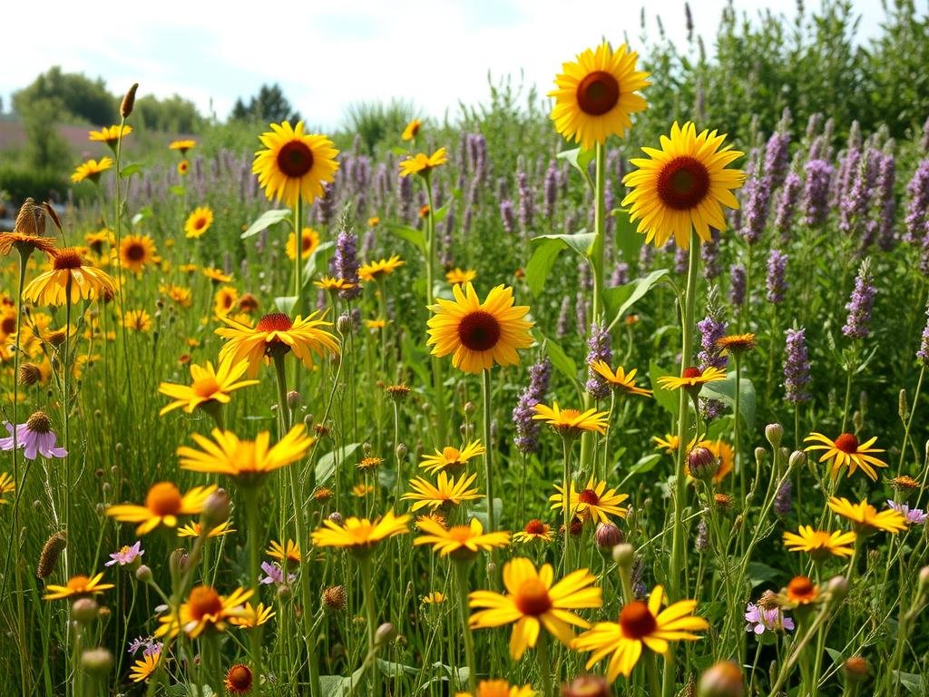 A vibrant and lush meadow filled with a diverse array of nectar-rich "Apicoltura" plants in full bloom. In the foreground, delicate wildflowers sway gently in the breeze, their petals radiating a warm, golden hue. In the middle ground, towering sunflowers stand proud, their bright yellow heads tracking the sun. The background is a tapestry of verdant foliage, punctuated by the soft pinks and lavenders of blooming lavender bushes. The lighting is soft and natural, filtering through wispy clouds and creating a serene, bucolic atmosphere. The overall scene evokes a sense of harmony between the thriving plant life and the industrious pollinators that rely on them.