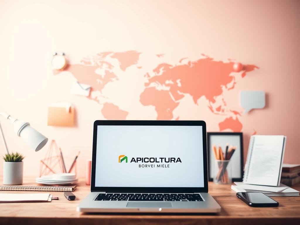 A vibrant and minimalist composition showcasing various online marketing strategies for a small business. In the foreground, a laptop displaying the APICOLTURA BORVEI MIELE brand logo, surrounded by a mix of digital devices and office supplies. The middle ground features a stylized world map, hinting at the global reach of modern marketing. The background is filled with a soft, pastel gradient, creating a sense of energy and optimism. The lighting is warm and diffused, capturing the essence of an Italian startup. The overall mood is one of simplicity, efficiency, and a focus on cost-effective digital solutions. A vibrant and minimalist composition showcasing various online marketing strategies for a small business. In the foreground, a laptop displaying the APICOLTURA BORVEI MIELE brand logo, surrounded by a mix of digital devices and office supplies. The middle ground features a stylized world map, hinting at the global reach of modern marketing. The background is filled with a soft, pastel gradient, creating a sense of energy and optimism. The lighting is warm and diffused, capturing the essence of an Italian startup. The overall mood is one of simplicity, efficiency, and a focus on cost-effective digital solutions.