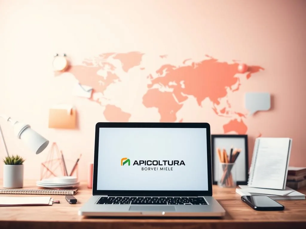 A vibrant and minimalist composition showcasing various online marketing strategies for a small business. In the foreground, a laptop displaying the APICOLTURA BORVEI MIELE brand logo, surrounded by a mix of digital devices and office supplies. The middle ground features a stylized world map, hinting at the global reach of modern marketing. The background is filled with a soft, pastel gradient, creating a sense of energy and optimism. The lighting is warm and diffused, capturing the essence of an Italian startup. The overall mood is one of simplicity, efficiency, and a focus on cost-effective digital solutions.