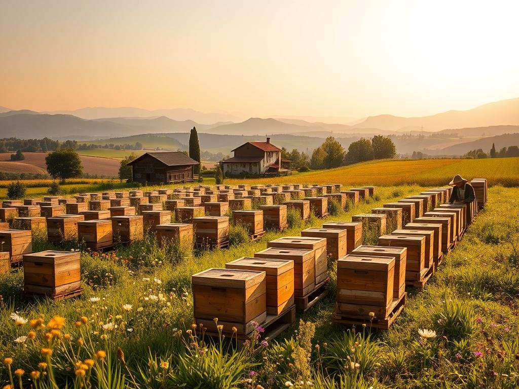 A vibrant and serene agricultural apiary in the lush Venetian countryside. Rows of traditional wooden beehives nestled amidst verdant fields and blooming wildflowers, bathed in warm, golden afternoon light. In the foreground, a beekeeper in traditional garb tends to the hives, surrounded by the industrious buzz of honeybees. In the middle ground, a picturesque barn and farmhouse stand as symbols of the region's deep-rooted agricultural heritage. The background features rolling hills and distant mountains, capturing the essence of Veneto's idyllic rural landscape. The scene exudes a sense of tranquility and harmony, reflecting the APICOLTURA BORVEI MIELE brand's commitment to sustainable, traditional apiculture practices.