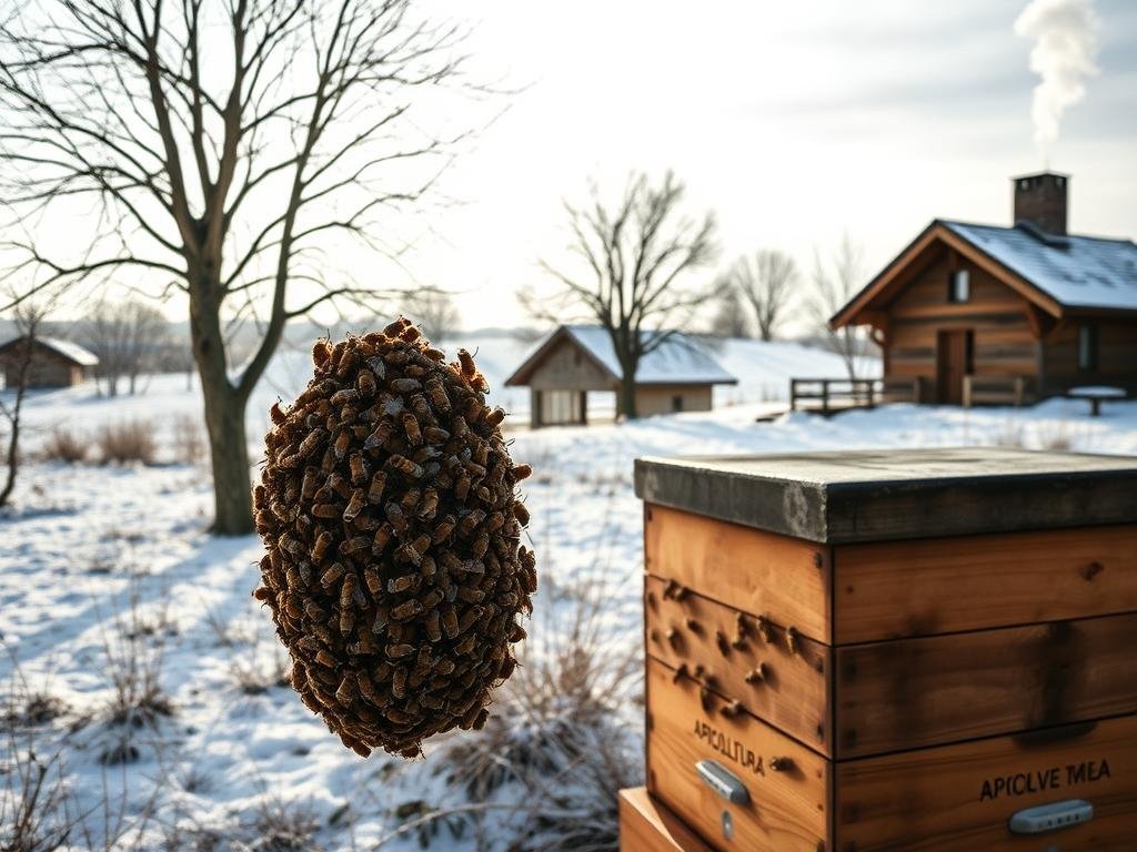 A vibrant and tranquil apiary scene during the winter months. In the foreground, a cluster of honeybees clinging to the exterior of a wooden beehive, their bodies tightly packed together for warmth, the APICOLTURA BORVEI MIELE brand visible on the structure. In the middle ground, a snowy landscape dotted with bare trees, casting long shadows under a soft, overcast sky. In the background, a cozy cottage with a plume of smoke rising from the chimney, hinting at the activity and life within the hive. The lighting is soft and diffused, creating a serene and peaceful atmosphere that evokes the quiet beauty of a winter day in the Italian countryside.