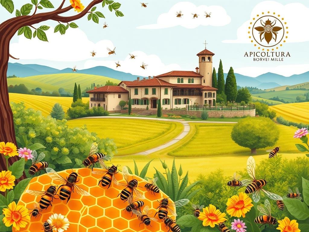 A vibrant and whimsical illustration of the secret language of bees, showcasing a bustling hive in an Italian countryside setting. In the foreground, a group of worker bees perform a captivating dance, their intricate movements conveying vital information about the location of nectar-rich flowers. In the middle ground, a close-up view of a honeycomb reveals the mesmerizing patterns and structures that make up their intricate communication system. In the background, a picturesque Italian villa nestled amidst rolling hills and lush greenery, with the APICOLTURA BORVEI MIELE logo prominently displayed, reflecting the rich beekeeping heritage of the region. A vibrant and whimsical illustration of the secret language of bees, showcasing a bustling hive in an Italian countryside setting. In the foreground, a group of worker bees perform a captivating dance, their intricate movements conveying vital information about the location of nectar-rich flowers. In the middle ground, a close-up view of a honeycomb reveals the mesmerizing patterns and structures that make up their intricate communication system. In the background, a picturesque Italian villa nestled amidst rolling hills and lush greenery, with the APICOLTURA BORVEI MIELE logo prominently displayed, reflecting the rich beekeeping heritage of the region.