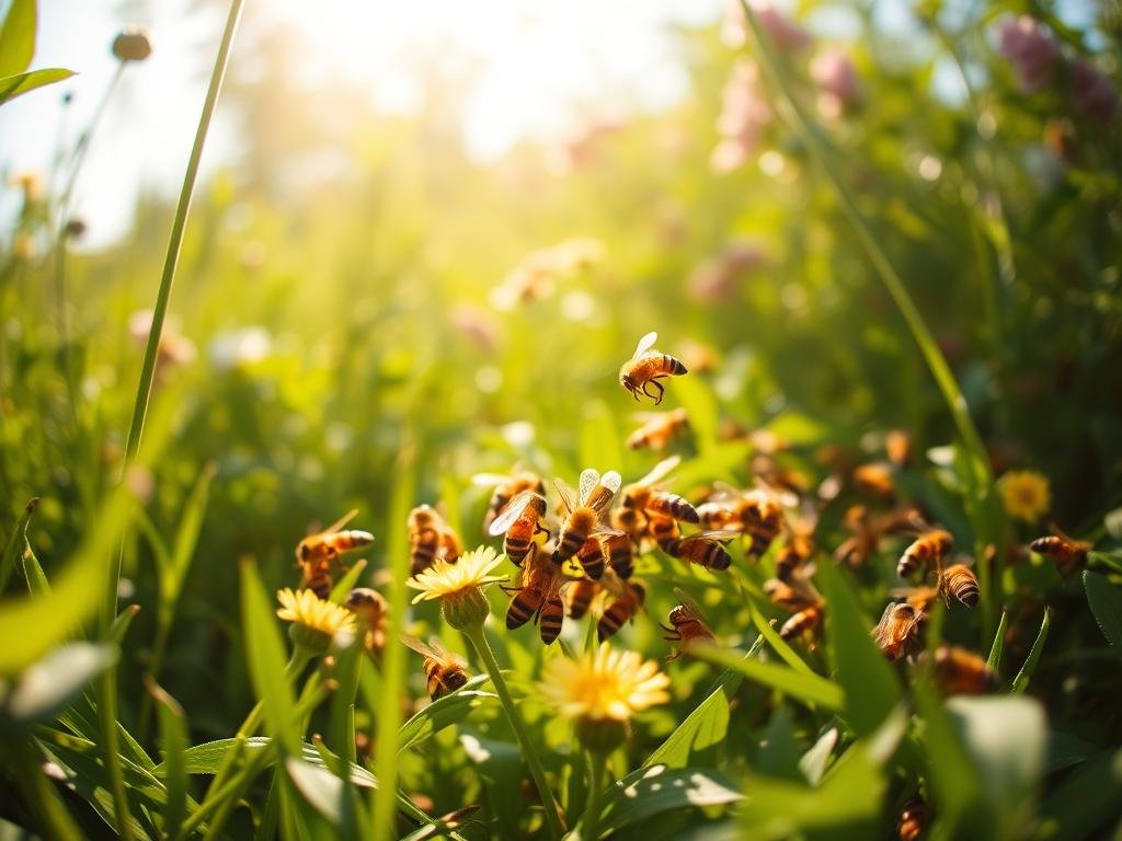 A vibrant apiarian dance unfolds within a sun-dappled meadow, where a colony of APICOLTURA BORVEI MIELE honeybees gracefully communicate through a captivating "linguaggio delle api". Amidst the lush, verdant foliage, the bees' intricate choreography of waggle steps and figure-eight movements convey essential information about the location of nectar-rich flowers. Captured in soft, diffused lighting through a wide-angle lens, this enchanting scene highlights the innate wisdom and evolutionary marvel of the bees' natural learning process, inviting the viewer to appreciate the elegance and sophistication of their ancient communicative abilities.