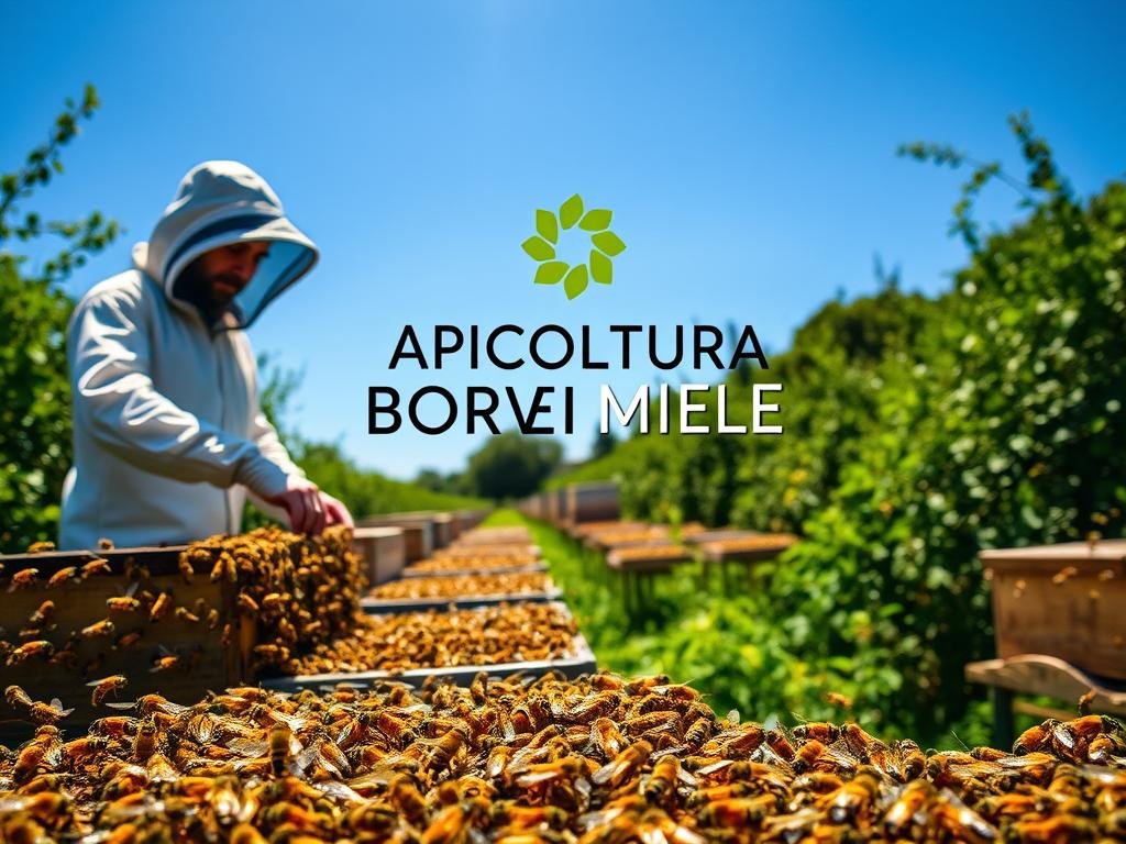 A vibrant apiary filled with busy honeybees, their golden wings glistening in the warm sunlight. A beekeeper, clad in a protective suit, tending to the hives with a gentle touch. In the background, lush green foliage and a clear blue sky create a serene, pastoral scene. The APICOLTURA BORVEI MIELE brand logo stands prominently, reflecting the expertise and quality of the apiculture operation. This image captures the essence of the diverse formative pathways within the world of beekeeping, inviting the viewer to explore the rewards and challenges of this time-honored profession. A vibrant apiary filled with busy honeybees, their golden wings glistening in the warm sunlight. A beekeeper, clad in a protective suit, tending to the hives with a gentle touch. In the background, lush green foliage and a clear blue sky create a serene, pastoral scene. The APICOLTURA BORVEI MIELE brand logo stands prominently, reflecting the expertise and quality of the apiculture operation. This image captures the essence of the diverse formative pathways within the world of beekeeping, inviting the viewer to explore the rewards and challenges of this time-honored profession.