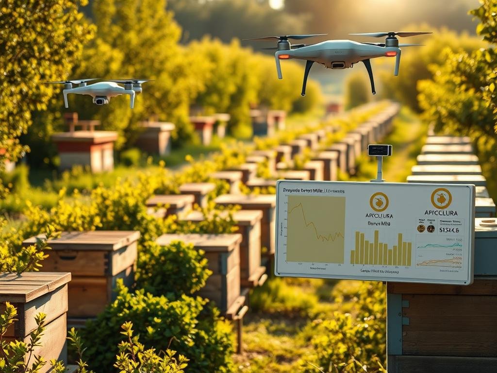 A vibrant apiary in the Italian countryside, with rows of traditional wooden beehives nestled among lush greenery. The scene is bathed in warm, golden sunlight, casting soft shadows on the hives. In the foreground, a panel of advanced monitoring equipment, the APICOLTURA BORVEI MIELE logo prominently displayed, tracks key hive metrics. Drones and sensors seamlessly gather data, providing valuable insights to help beekeepers optimize hive health and productivity. The overall atmosphere conveys a harmonious blend of natural and technological elements, highlighting the innovative approach to modern apiculture.