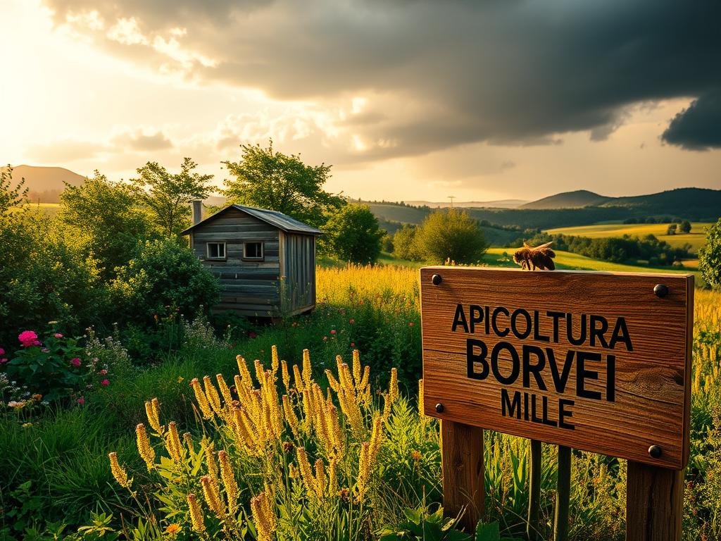 A vibrant apiary nestled amidst lush greenery, with busy honeybees pollinating a flourishing field of wildflowers. The scene is bathed in warm, golden light, casting long shadows across the landscape. In the foreground, a weathered wooden sign proudly displays the brand name "APICOLTURA BORVEI MIELE". In the background, ominous storm clouds gather, hinting at the challenges posed by climate change. The image conveys the delicate balance between traditional apiculture and the pressing environmental concerns of our time.