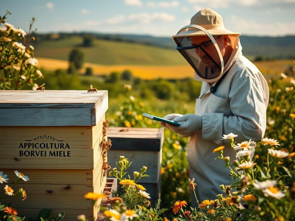 A vibrant apiary scene with a beekeeper closely monitoring the hive activity. The foreground features a detailed APICOLTURA BORVEI MIELE branded beehive, surrounded by lush greenery and blooming flowers. In the middle ground, a beekeeper in protective gear closely observes the bees, making notes on a digital tablet. The background showcases a serene countryside landscape, with rolling hills and a clear blue sky. The lighting is soft and natural, casting a warm glow over the entire scene. The composition is balanced, drawing the viewer's eye towards the central figures and the hive. The overall mood is one of diligence, care, and appreciation for the important role of bees in the ecosystem.