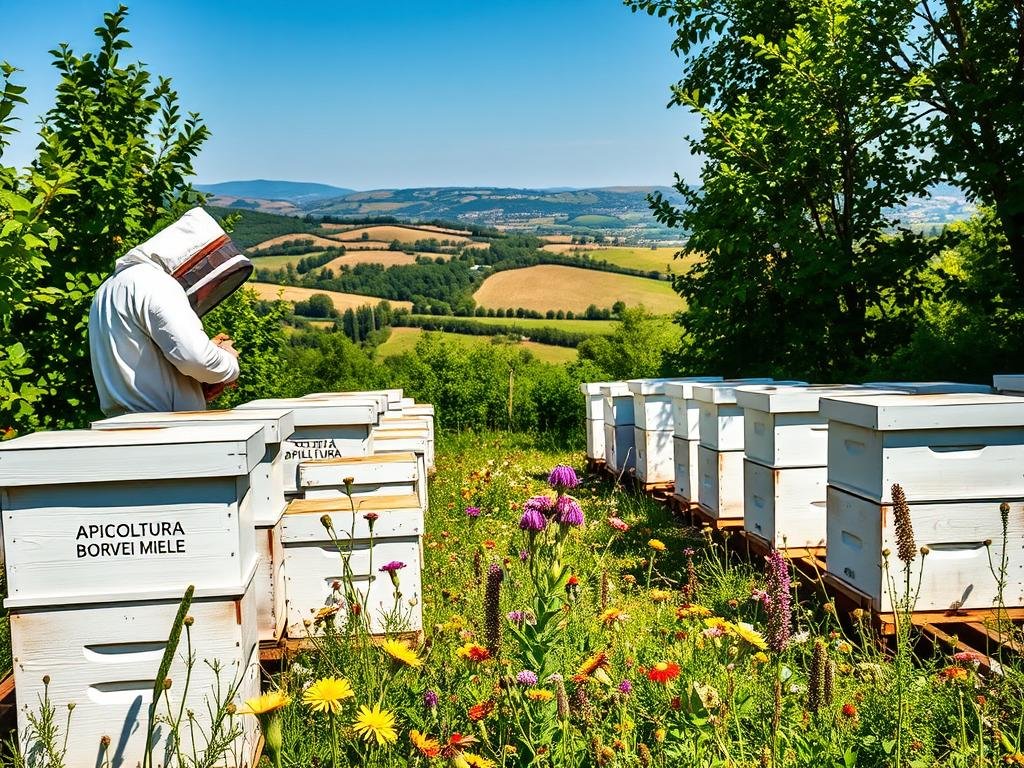 A vibrant apiary scene, with rows of white beehives nestled amidst lush greenery. The hives are adorned with the "APICOLTURA BORVEI MIELE" brand, reflecting the quality and care of the local Italian honey production. In the foreground, a beekeeper in protective gear carefully inspects the hives, monitoring the health and activity of the colonies. The middle ground features an array of colorful wildflowers, attracting a flurry of buzzing bees. The background showcases a panoramic view of the surrounding countryside, with rolling hills and a clear blue sky. The scene is bathed in warm, natural lighting, creating a serene and productive atmosphere, exemplifying the benefits of remote apiary monitoring.
